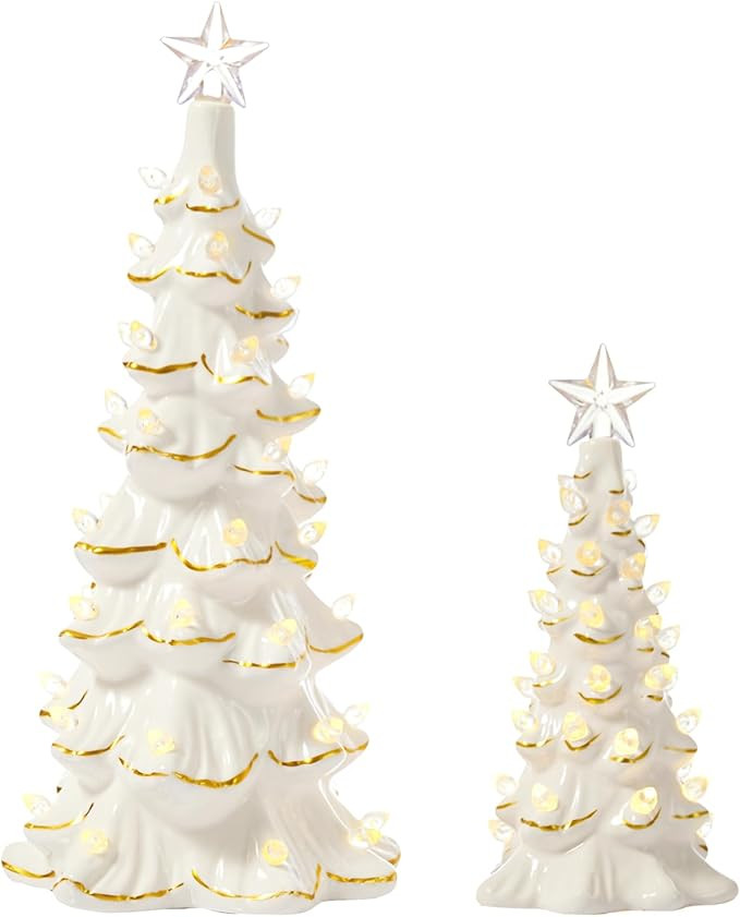 WDS WONDROUS Ceramic Christmas Tree Tabletop - White and Gold Accents 2PCS Table Top Christmas Tr... | Amazon (US)
