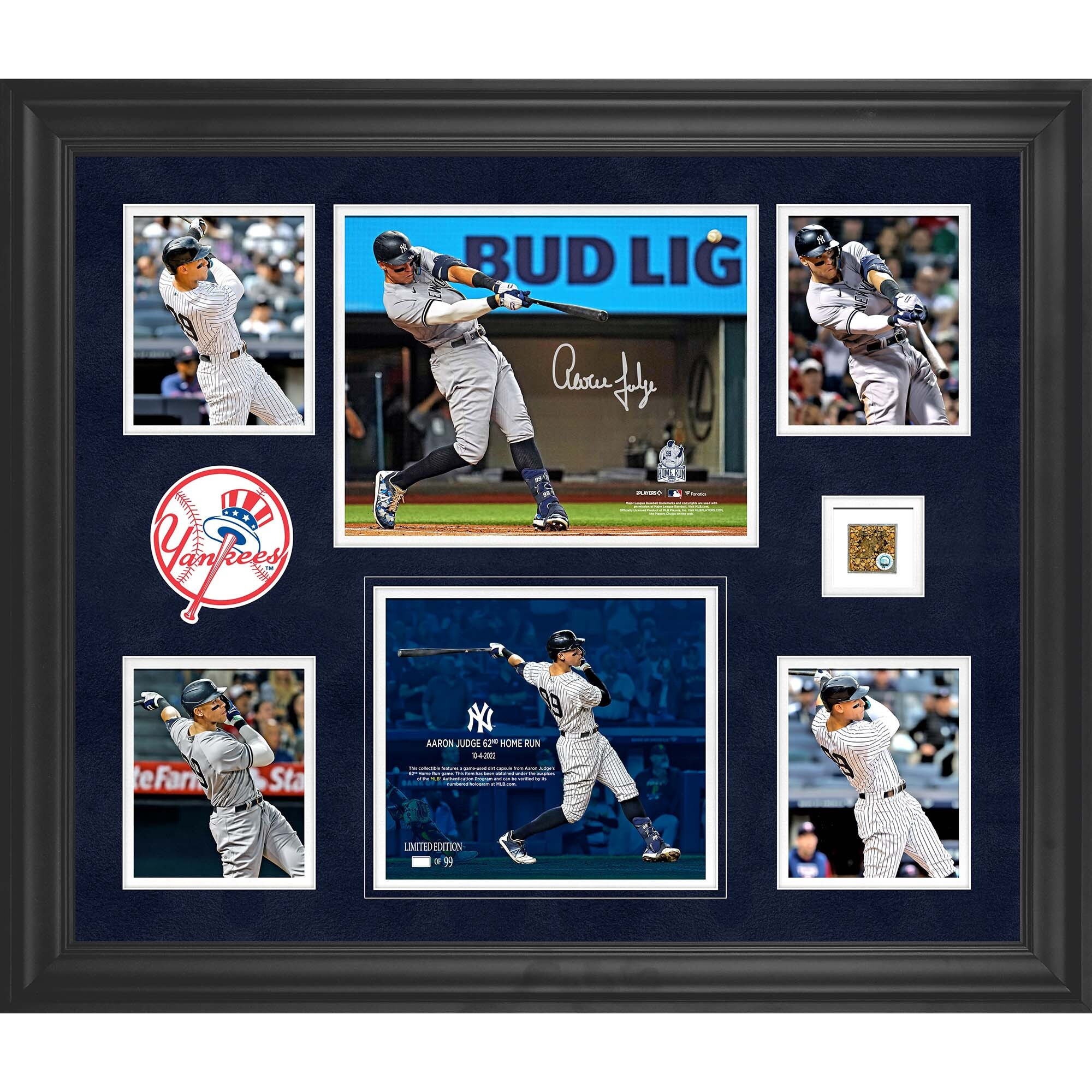 Aaron Judge New York Yankees Autographed Framed 20" x 24" 62nd Home Run Collage with a Capsule of Game-Used Dirt from 62nd Home Run Game - Limited Edition of 99 | Fanatics