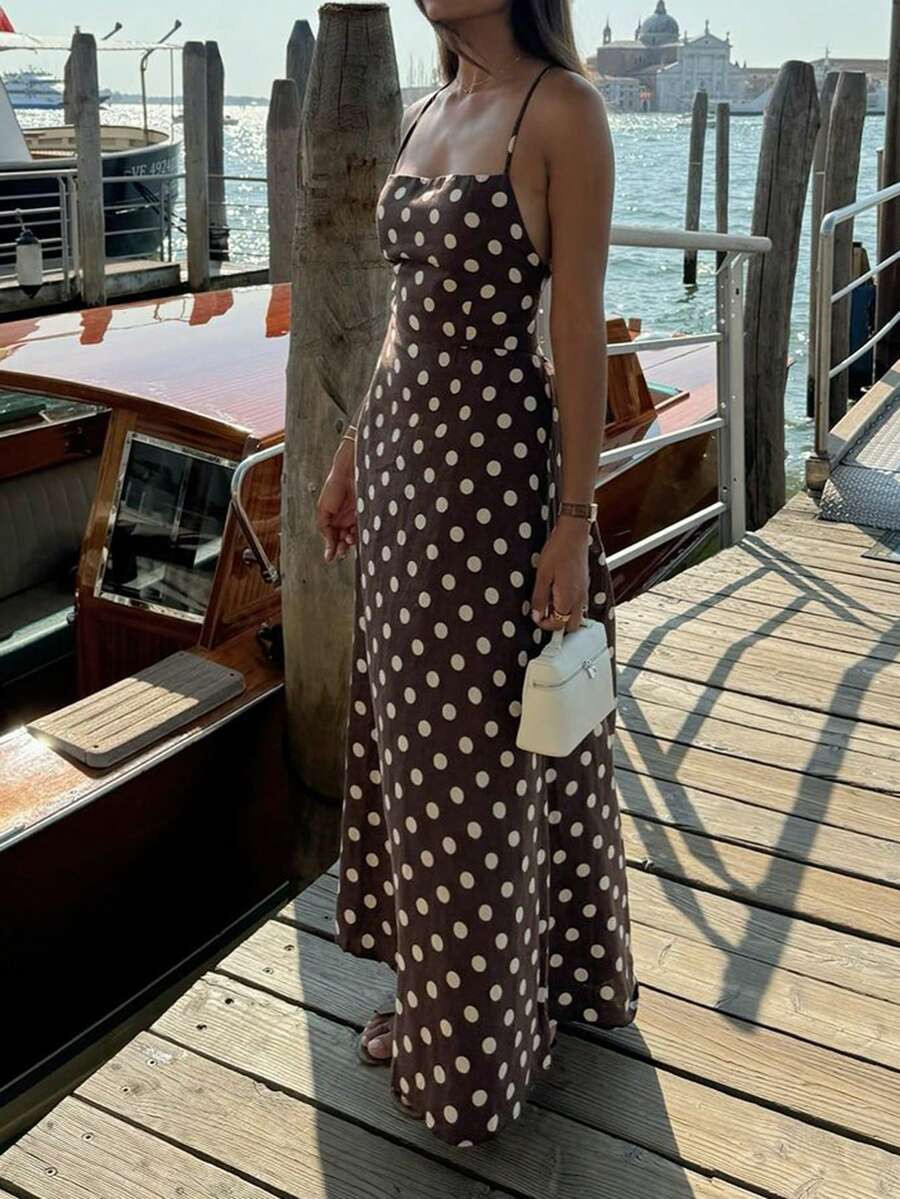 Unadoll Women's Summer Casual Brown Polka Dot Maxi Dress, Square Neck Criss-Cross Backless Flowy ... | SHEIN