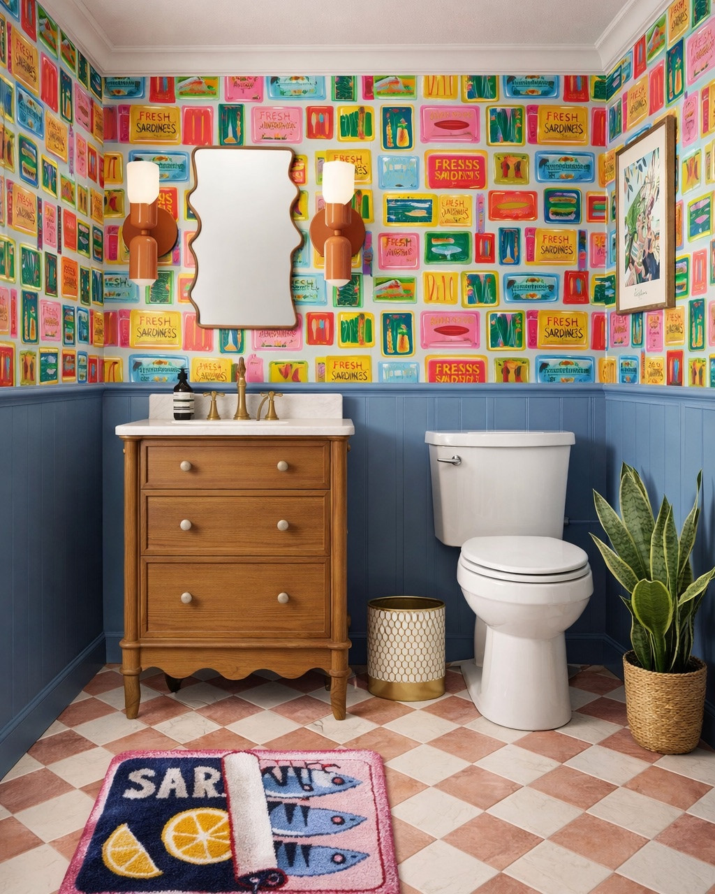 Fun and colorful half bath design. Powder bathroom design inspiration. Bathroom vanity, colorful wallpaper, checkered tile, fun bath mat. #summervibes #homedecor

#LTKSeasonal #LTKHome #LTKSaleAlert