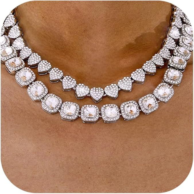 TEN MIRO Silver Plated Tennis Necklaces for Women Men Trendy, Clustered Square Tennis Chain & Rhi... | Amazon (US)