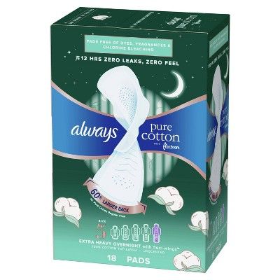 Always Extra Heavy Overnight Pure Cotton Pads with Wings - Size 5 - 18ct | Target