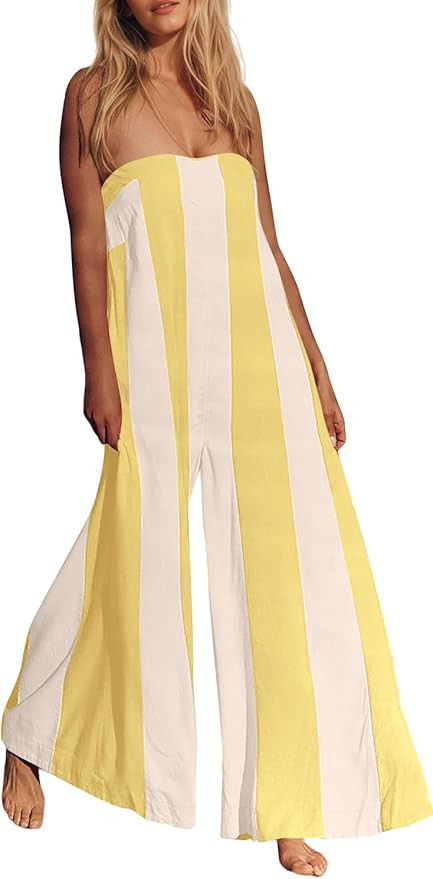 Striped Wide Leg Jumpsuits for Women Summer Beach Strapless Long Romper Sleeveless Off Shoulder O... | Amazon (US)