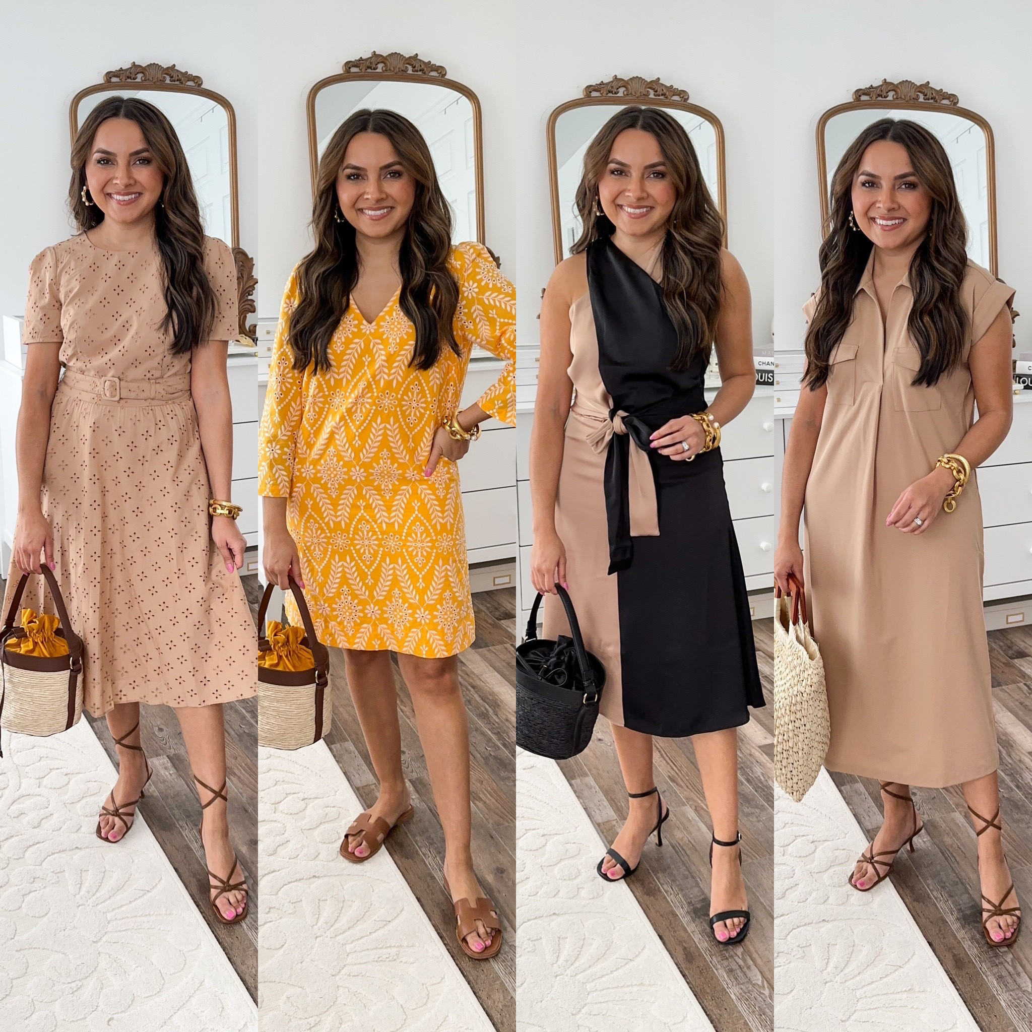 Tan belted eyelet dress size 0 petite TTS 
Heels size 5 TTS

Yellow eyelet dress size xs - a little small in the hips 
Sandals size 5.5 TTS

Two tone black dress size 0 petite TTS 
Heels size 5 TTS

Tan midi dress size xs petite TTS Heels size 5 TTS

When the weather gets warmer, I’m usually wearing a dress! Rounded up a few here from dressy to casual! Which dress is your favorite?
Shop these looks and see my sizing details by following my closet profile (honeysweetpetite) in the @shop.ltk app. Direct link: https://liketk.it/49zAT
.
.
.
.
.
.
.
.
.
.
.
#petitestyle #petitedresses #petitefashiontips #summerdresses #summerstyle #summeroutfitideas #eyeletdress #mididresses #dressydress #vacationdress #cocktaildress #workweardress #outfitideasforyou #stylinginspo #thisisann #anntaylor 

#LTKsalealert #LTKunder100 #LTKstyletip