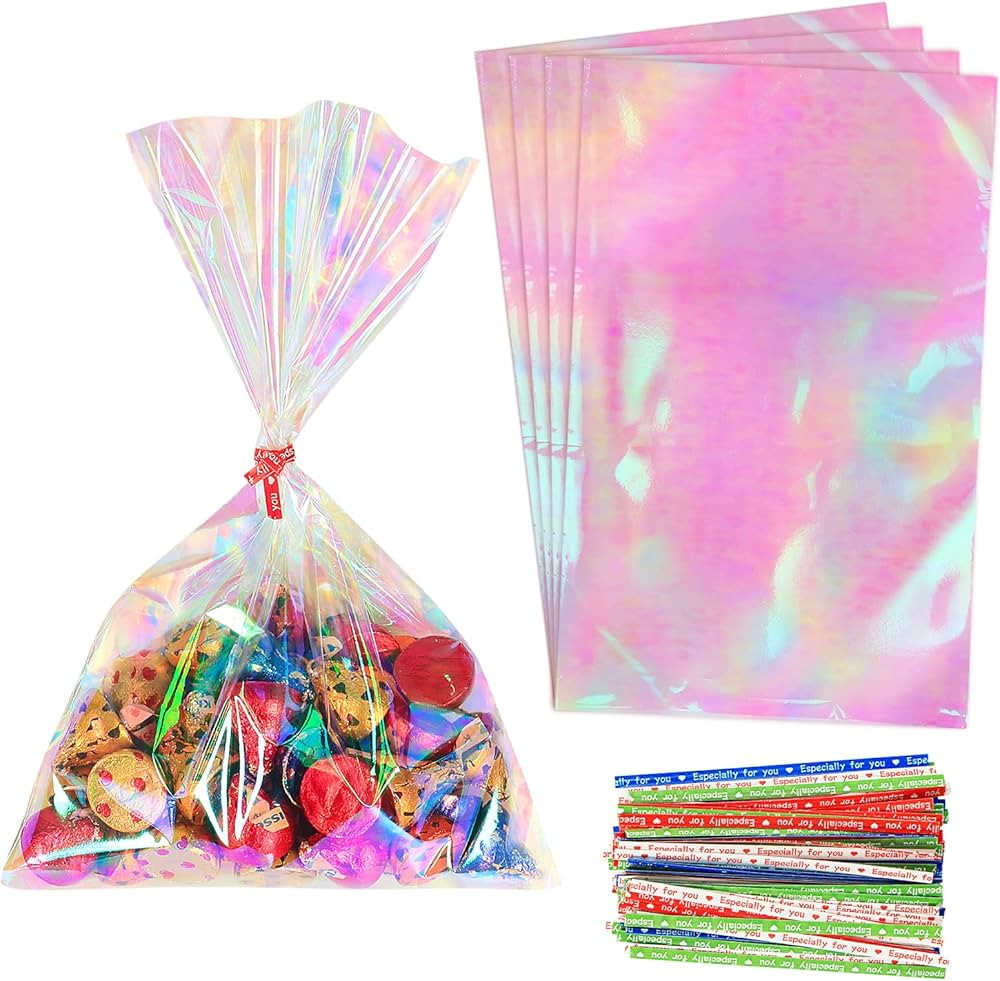 HRX Package 120pcs Iridescent Cellophane Treat Bags with Ties, 6x9 inch Holographic Plastic Goody... | Amazon (US)