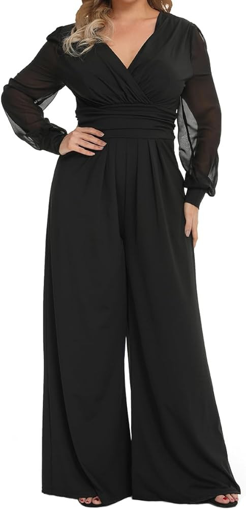 RED DOT BOUTIQUE 701 - Plus Size Mesh Long Sleeve V Wrap Neck Wide Leg Pants One Piece Jumpsuit | Amazon (US)