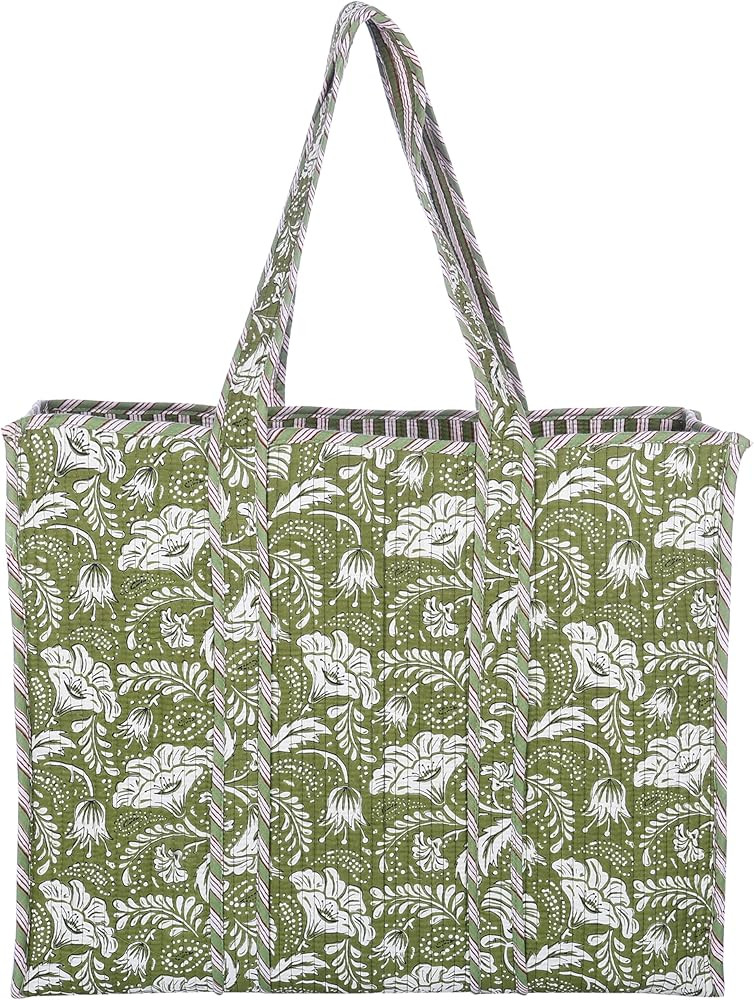 Women Handblock Lightweight Travel Bag Purse Cotton Shoulder Tote Bag For Shopping Grocery & Beac... | Amazon (US)