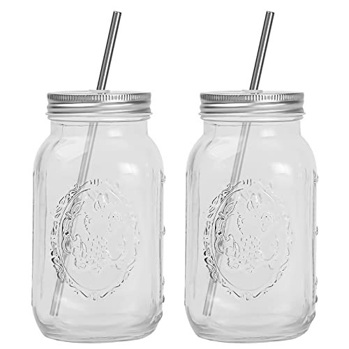 YSJILIDE Smoothie Cups, Glass Mason Drinking Jar, 24oz Smoothie Cups with Lid and Stainless Steel Straw, Drinking Mugs, Tea Cup Travel Mug, Ideal for Juice, Milk (Pack Of 2, Clear) | Amazon (US)