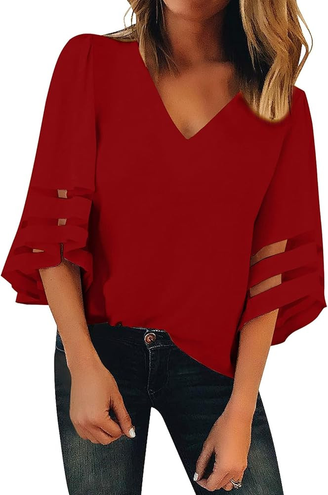 ROSKIKI Women Summer 3/4 Bell Sleeve V Neck Casual Chiffon Blouse Tops Patchwork Loose T Shirt | Amazon (US)