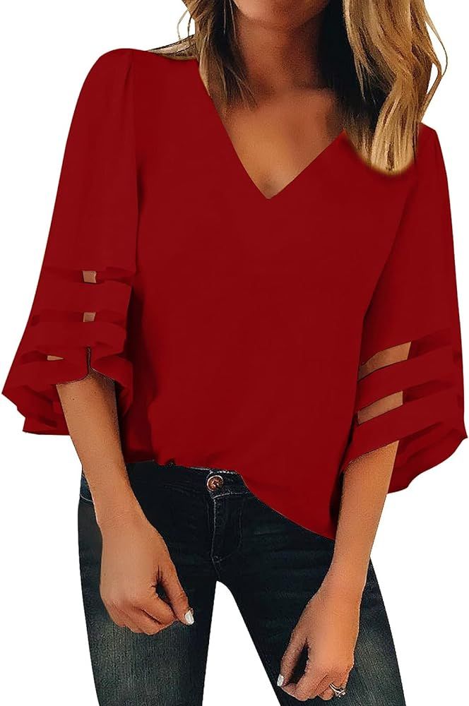 ROSKIKI Women Summer 3/4 Bell Sleeve V Neck Casual Chiffon Blouse Tops Patchwork Loose T Shirt | Amazon (US)