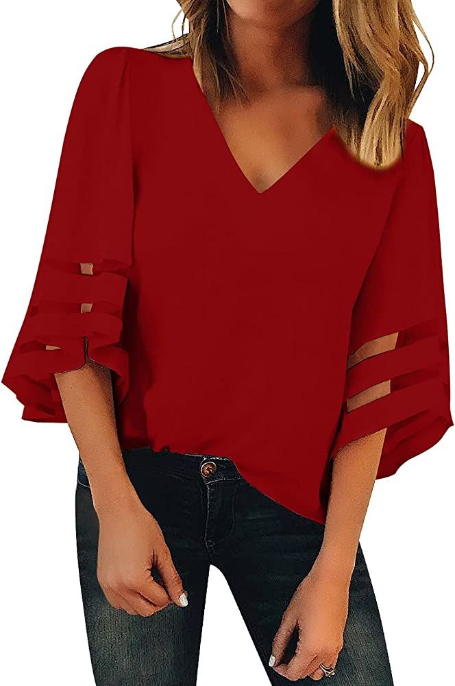 Amazon.com: ROSKIKI Women's Casual 3/4 Flare Sleeve Tunic Tops Solid Color Loose Bell Sleeve Shir... | Amazon (US)