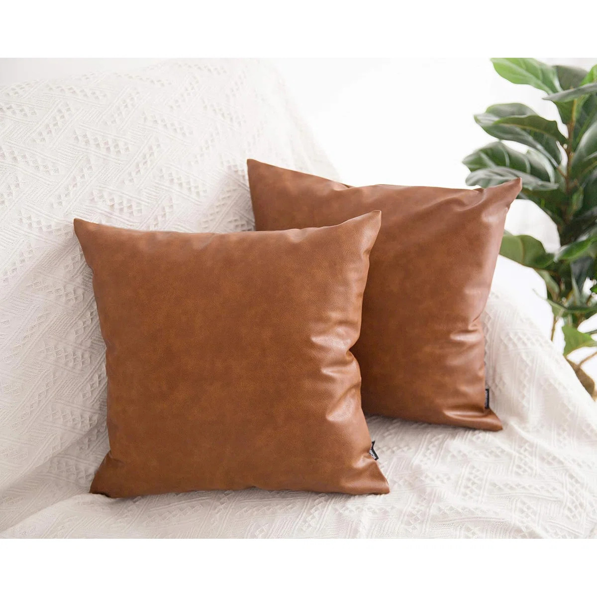 Faux Leather Throw Pillow Covers, 18 X 18 Inch Set Of 2 Thick Cognac Brown Modern Solid Decorativ... | Wayfair North America