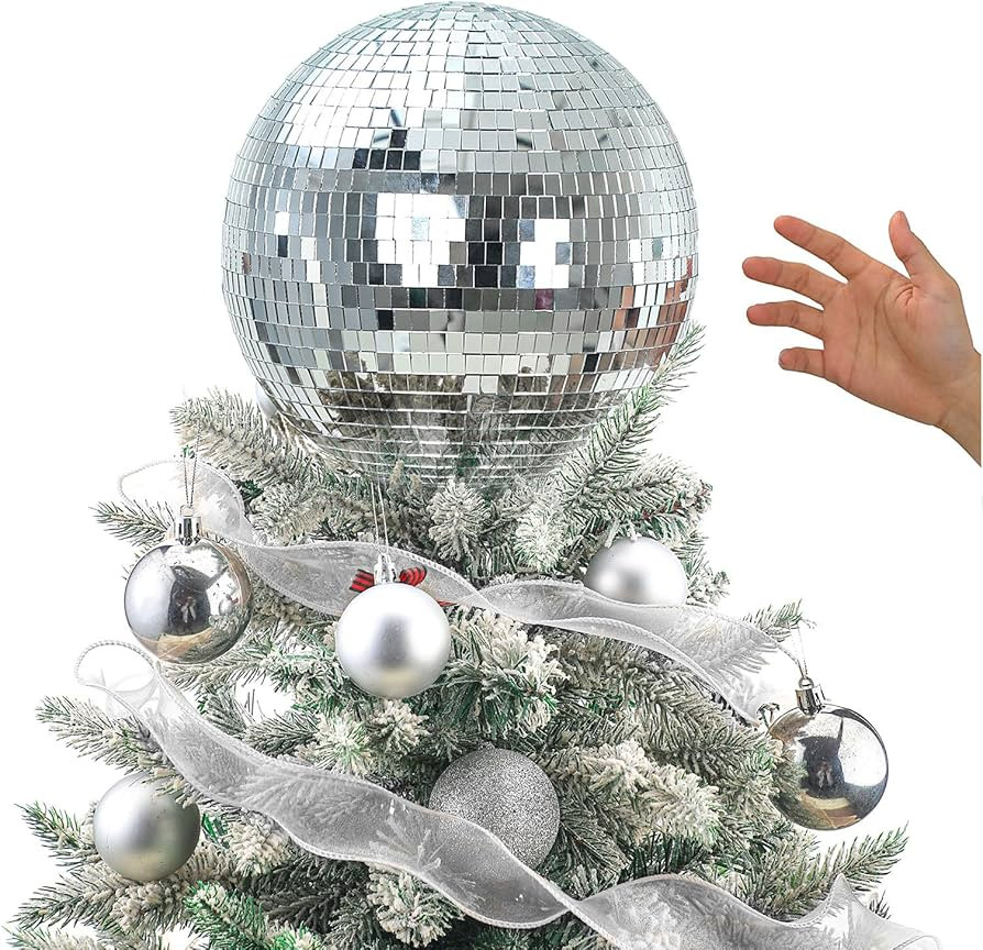 Retisee 6'' Disco Ball Christmas Tree Topper Silver Mirror Xmas Tree Topper 3D Hollow Silver Disc... | Amazon (US)
