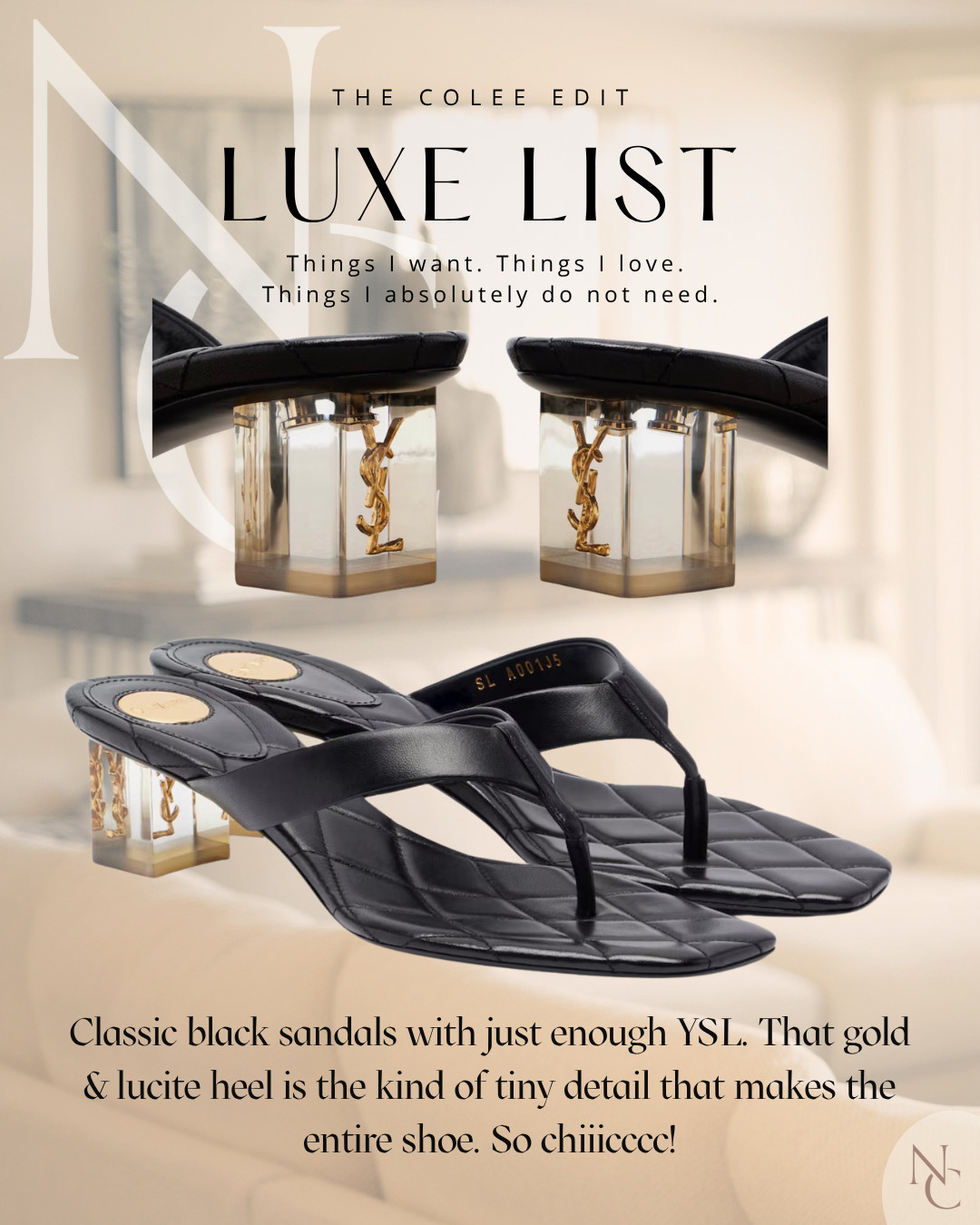 Classic black sandals…until you see THAT heel. 🖤 The gold YSL suspended inside the lucite block is the detail that got me. 

 #LTKdayinmylife #LTKSeasonal #LTKOver40