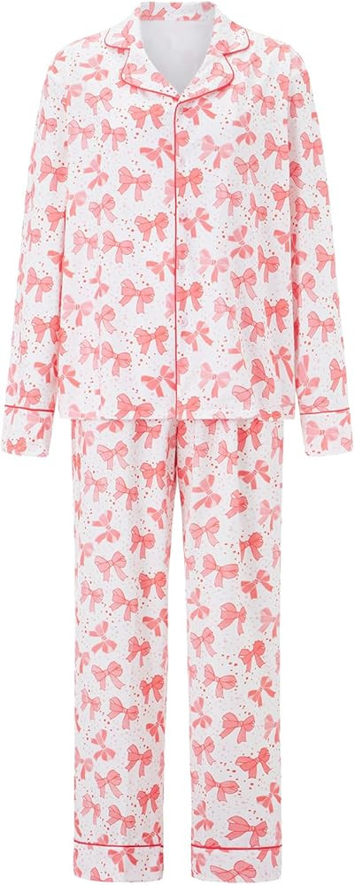 MAINESAKA Womens Button Down Pajamas Set Long Sleeve Bow/Heart Print Button Up Shirt Lounge Pants... | Amazon (US)