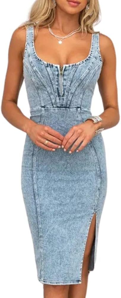 Women's Sleeveless Strap U Neck Denim Midi Dress Sexy Backless Side Slit Jean Bodycon Dress | Amazon (US)