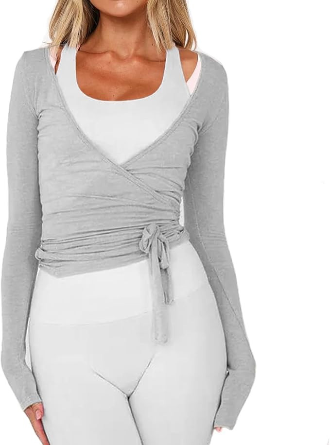 Women Wrap Top Long Sleeve Deep V Neck Cross Tie Workout Ballet Pilates Yoga Shirt | Amazon (US)