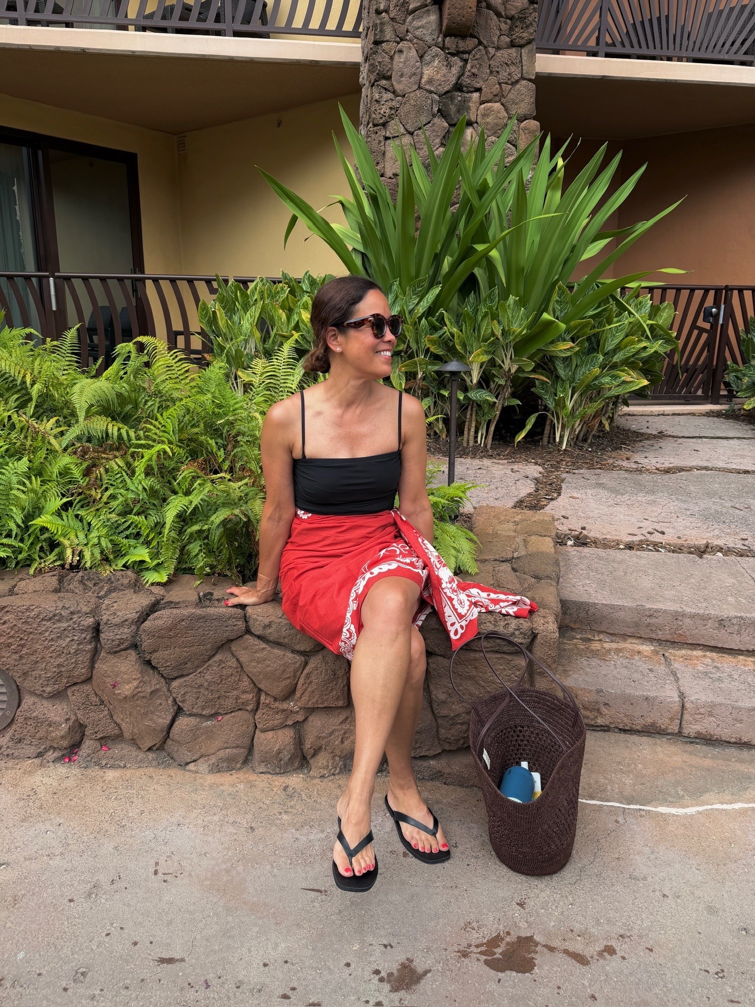 Swim look while in Hawaii! J.Crew Swimsuit, Tuckernuck Pareo, Sézane Basket Bag, Gianni Black Sandals