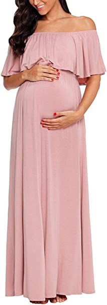 Ecavus Womens Off Shoulder Maternity Dress Ruffle Trim Maxi Photography Dress for Baby Shower | Amazon (US)