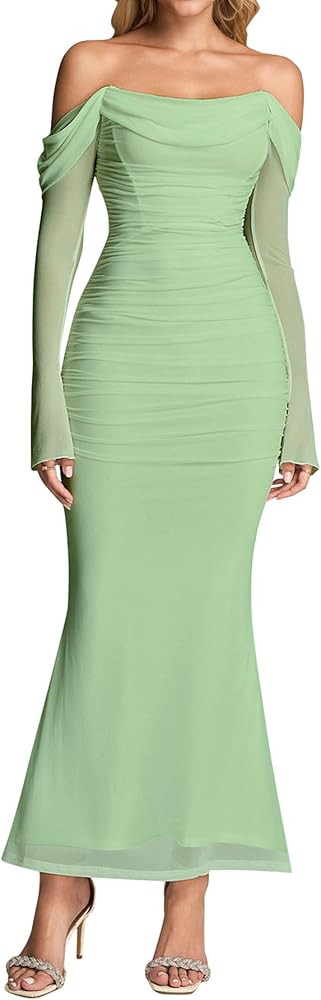 KUTUMAI Off Shoulder Long Sleeve Maxi Dress Corset Bodycon Ruched Cocktail Formal Wedding Guest D... | Amazon (US)