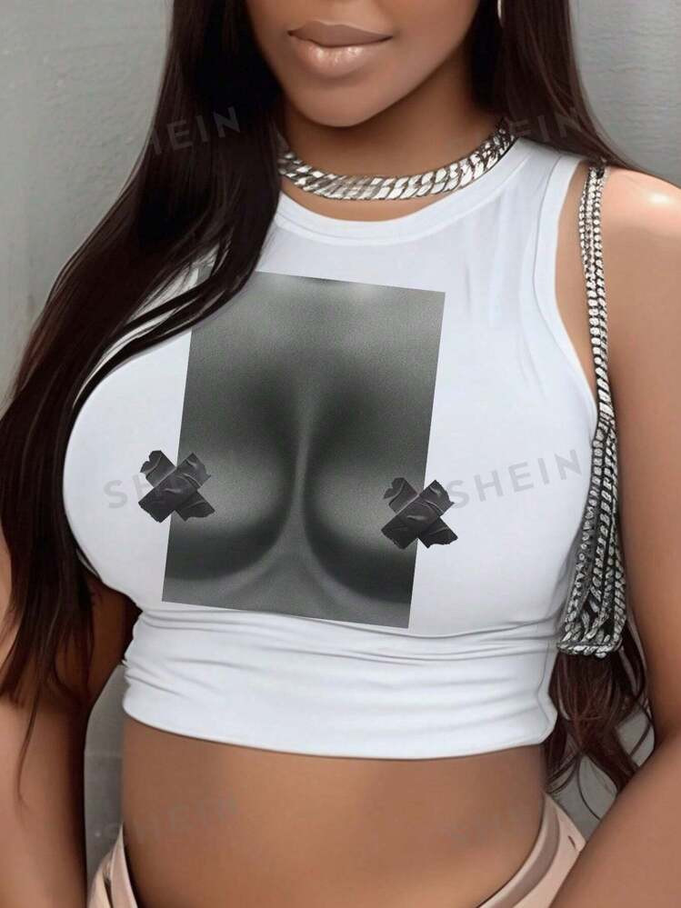 SHEIN Slayr Plus Size Women Sexy Body Print Fitted Cropped Tank Top, Suitable For Summer | SHEIN