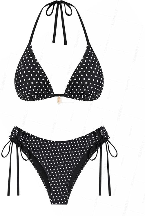 Contrast Binding Textured Halter Triangle Tie Side Bikini Set | Amazon (US)