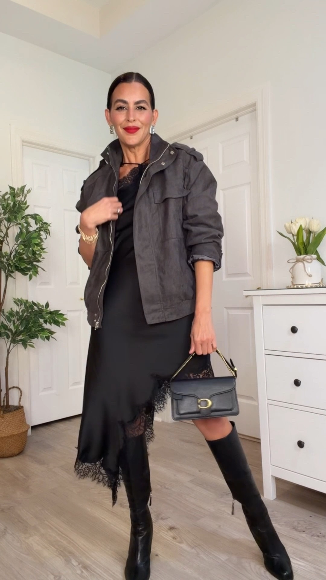 Size sin suede jackets.
Size S in dress. Wearing nipple covers.
Size M in lace shorts, sweater and white tshirt. 
Boots are tts. 

#LTKSeasonal #LTKHoliday #LTKgrwm