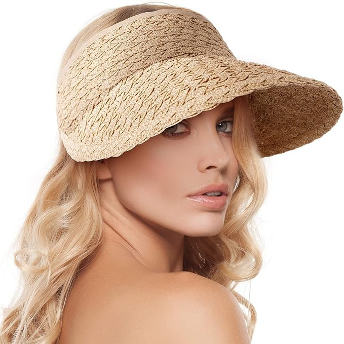 Women's Wide Brim Sun Hats Roll-up Foldable Straw Golf Visor Hat | Amazon (US)