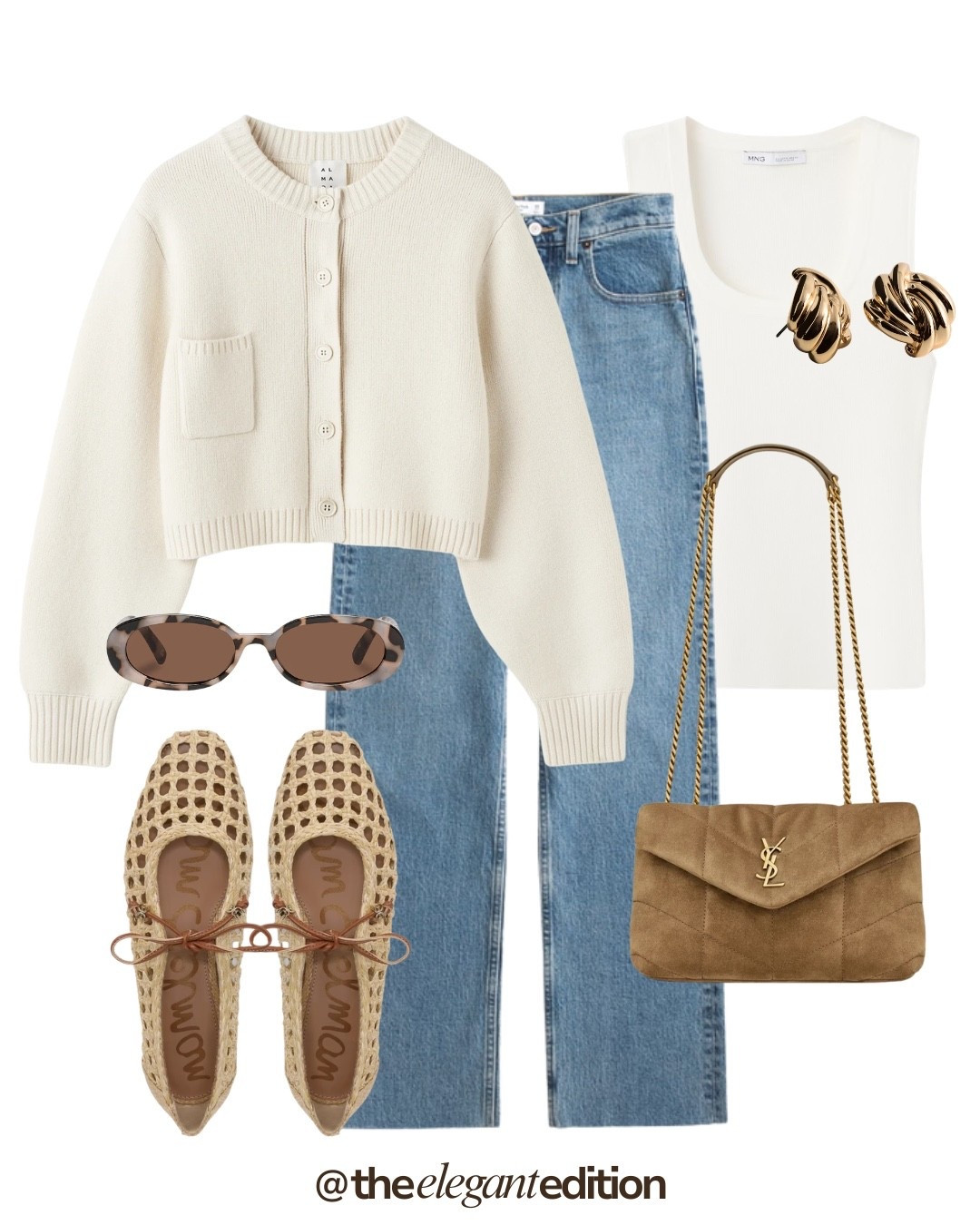 Cream Cardigan Spring Outfit 🤍💙
Tags: light blue denim straight leg cream cardigan button up cropped pocket detail cream white tee sleeveless cream woven ballet flats mesh perforated ankle strap camel YSL Loulou bag suede quilted chain strap gold hardware sunglasses tortoise oval gold earrings chunky spring transitional casual chic elegant
#LTKspring #LTKstyletip #LTKitbag

#LTKeurope #LTKspring #LTKstyletip