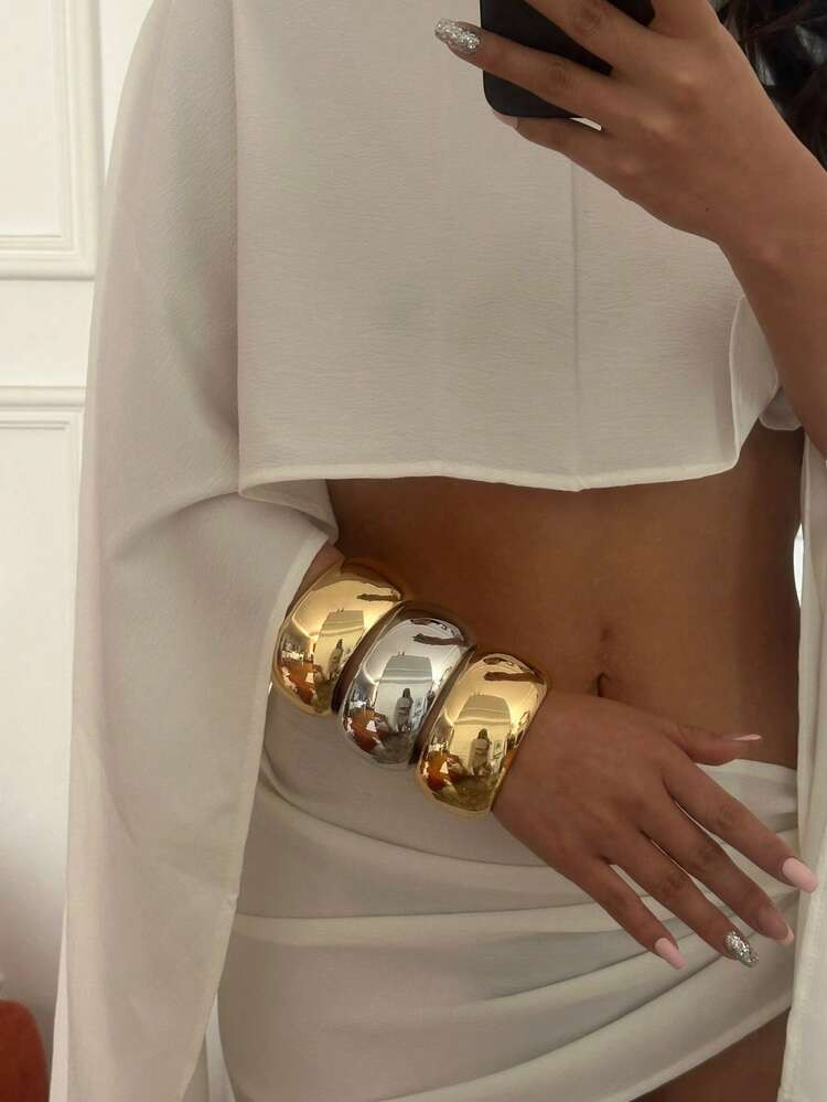 Exaggerated Asymmetrical Smooth Curve Bracelet Set, Versatile Metal Bracelet, Cross-Border European And American Jewelry
 | SHEIN