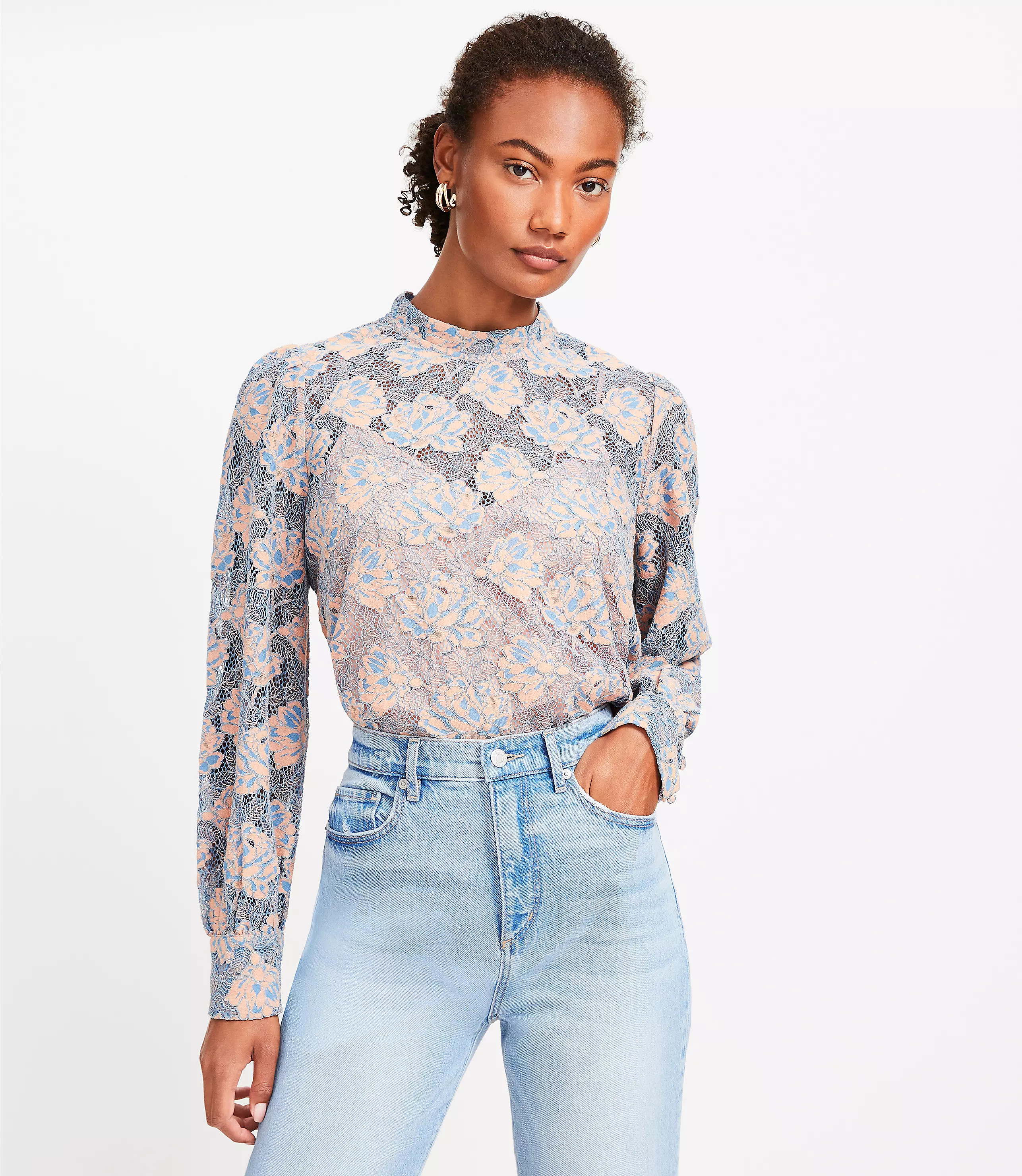Floral Lace Mock Neck Blouse | LOFT