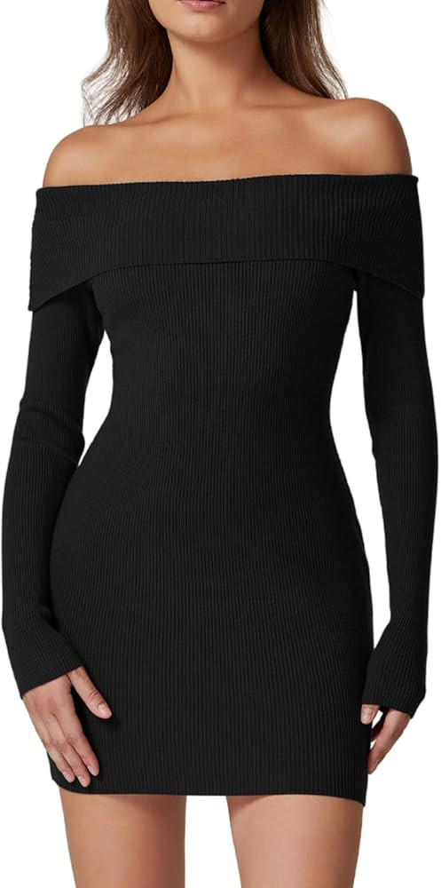 QINSEN Women's Off The Shoulder Ribbed Knit Sweater Dress Folded Neck Long Sleeve Mini Dress 2024... | Amazon (US)