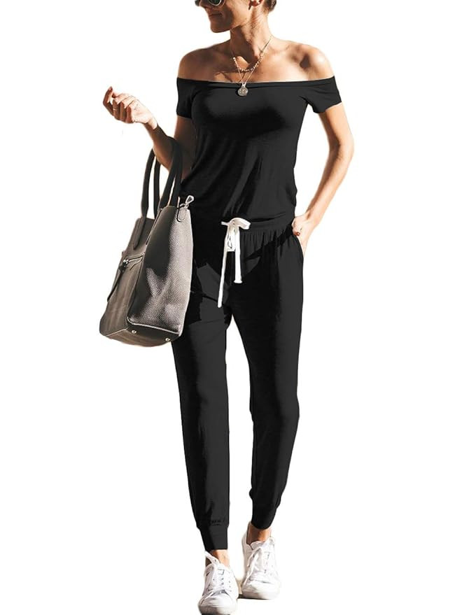 ANRABESS Women's Jumpsuits Sexy Off Shoulder Short Sleeve Elastic Waist Beam Foot Summer Casual R... | Amazon (US)