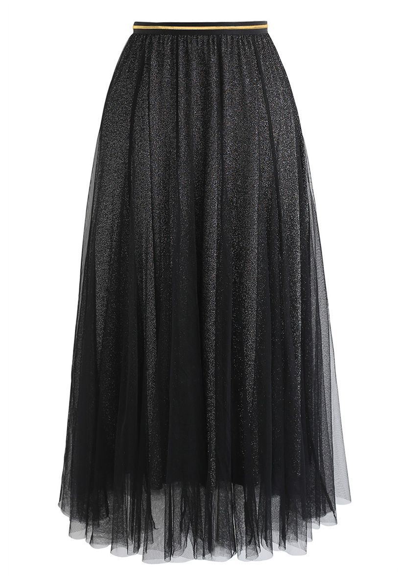 My Secret Weapon Tulle Maxi Skirt in Glitter Black | Chicwish