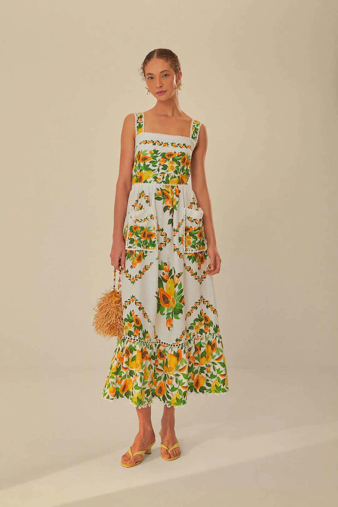 Off-White Papaya Salad Scarf LENZING™ ECOVERO™ Euroflax™ Maxi Dress | FarmRio (US)