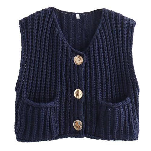 Keeliya Womens Sweater Vest Fall Chunky Knit Top Gold Button Down Cropped Sleeveless Knitted Sweater Cardigan with Pockets(Navy,M) | Amazon (US)