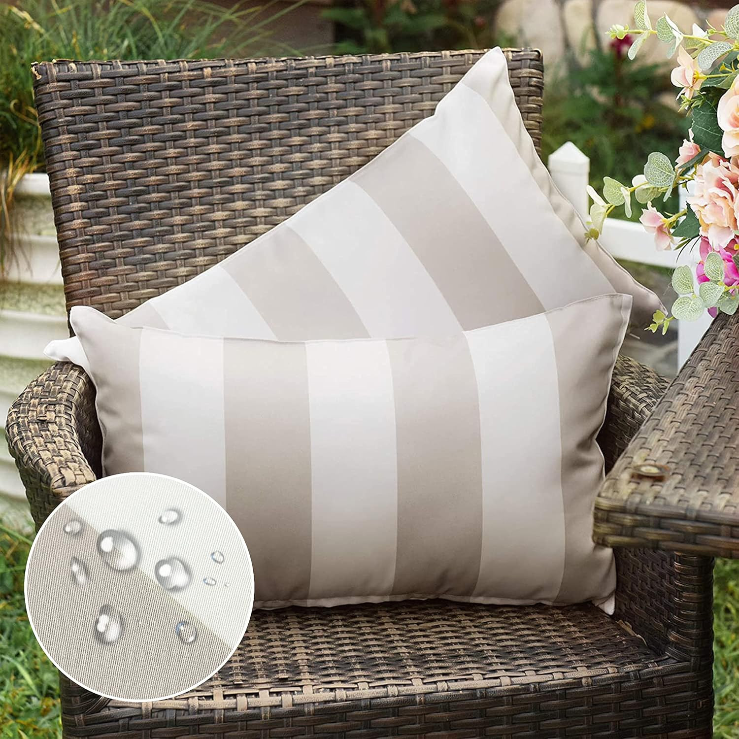 Western Home Pack of 2 Outdoor Waterproof Striped Throw Pillow Covers Beige Grey Decorative Pillo... | Amazon (US)