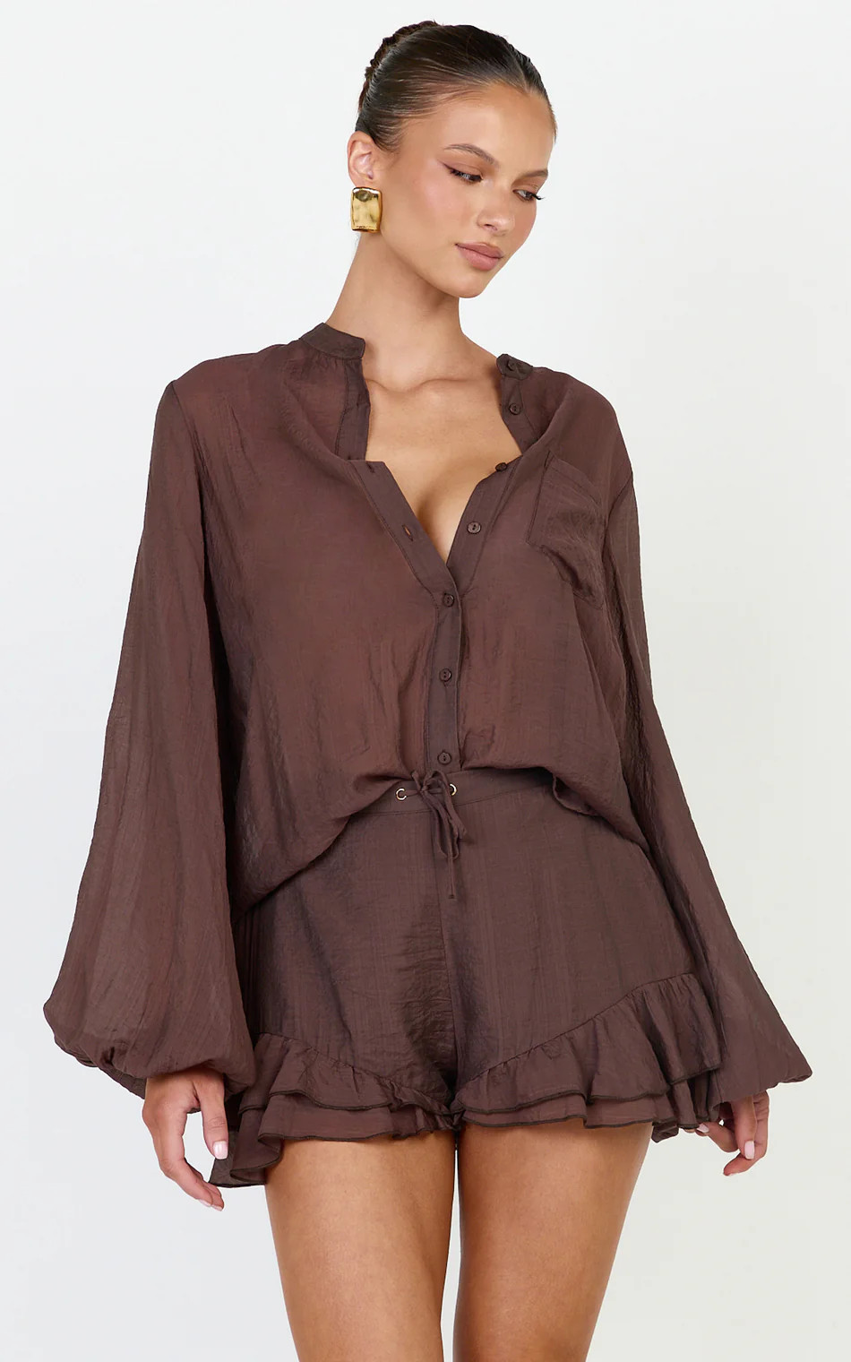 Sheer Full Sleeve Button Up Blouse in Chocolate | Showpo (US, UK & Europe)