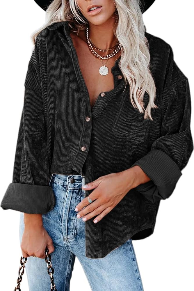 CHYRII Women's Corduroy Shirts Casual Oversized Button Down Shacket Long Sleeve Shirts Blouse Top... | Amazon (US)