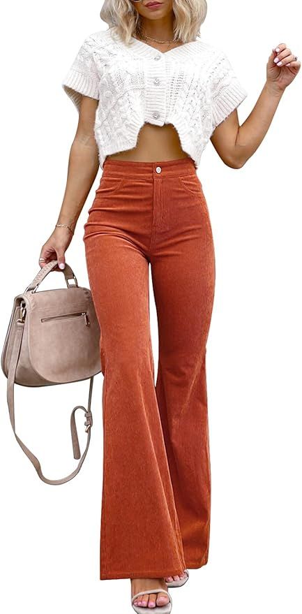 NIMIN High Waisted Corduroy Pants for Women Vintage Flare Pants Bell Bottom Trousers with Pockets | Amazon (US)