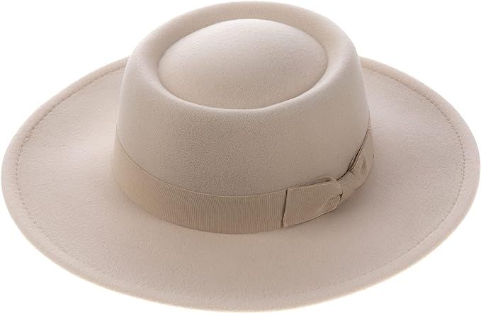 PORSYOND Wide Brim Fedora Flat Top Hat Wool Felt Boater Pork Pie Jazz Hat for Women | Amazon (US)