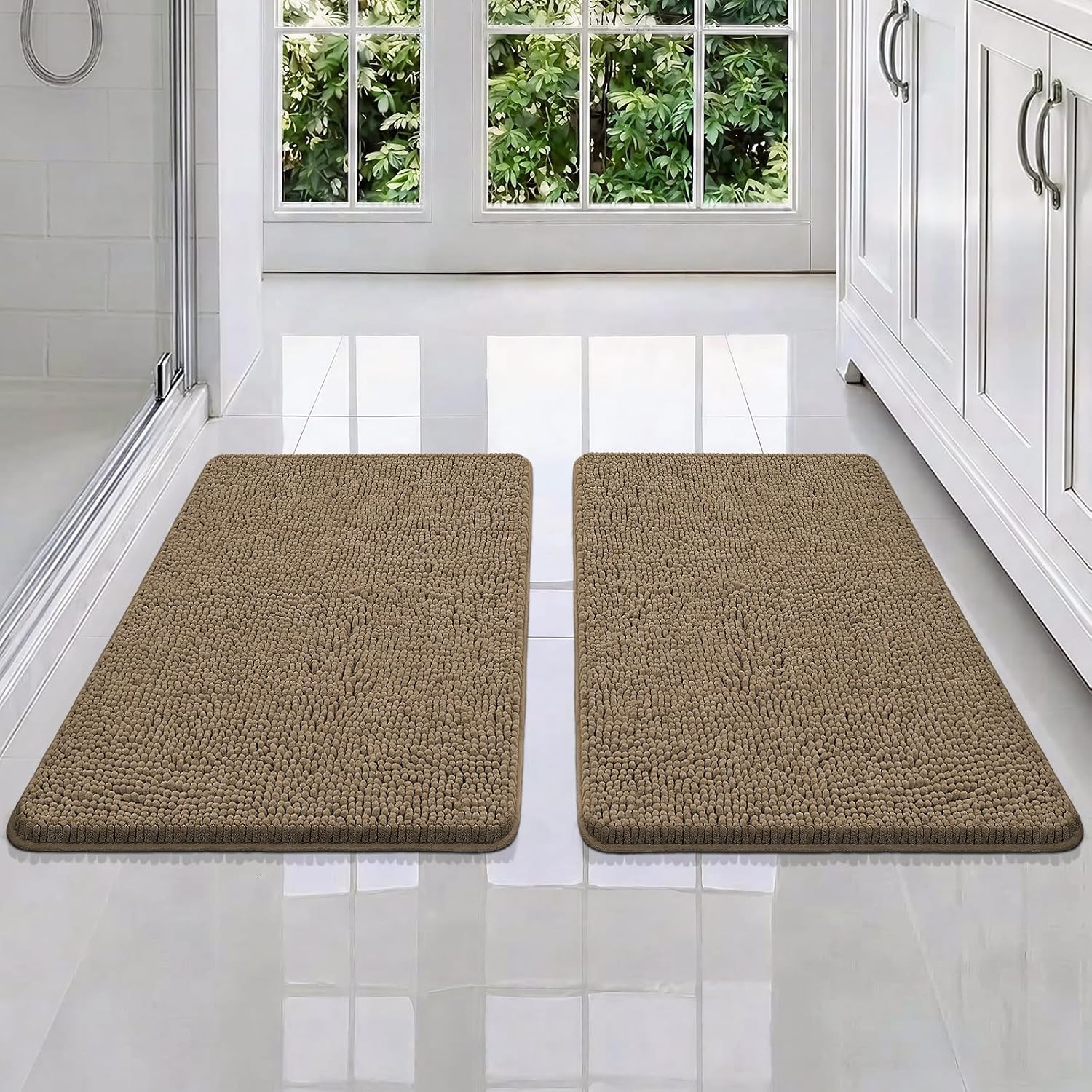 Bath Rugs Mat Set,2 Piece Non Slip Chenille Latte Bathroom Mat Sets | Amazon (US)