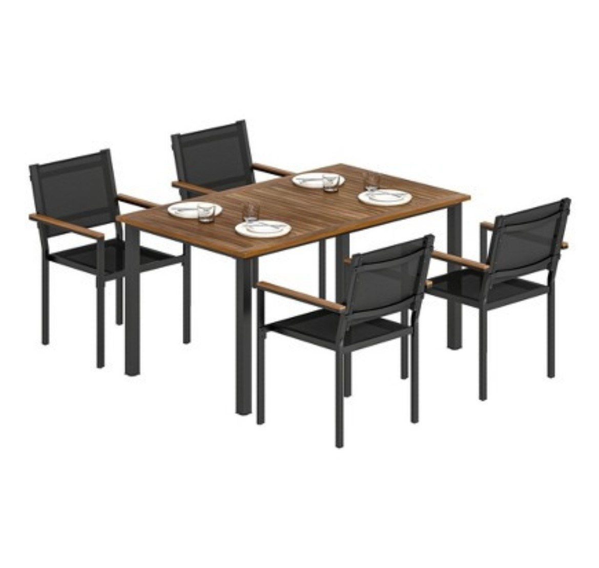 This 4-person outdoor dining set is perfect for smaller patios or balconies. The acacia wood tabletop adds a warm, natural touch while the black frame and chairs give it a modern look. The stackable chairs make it easy to save space when not in use. A great everyday outdoor setup for dining and relaxing.