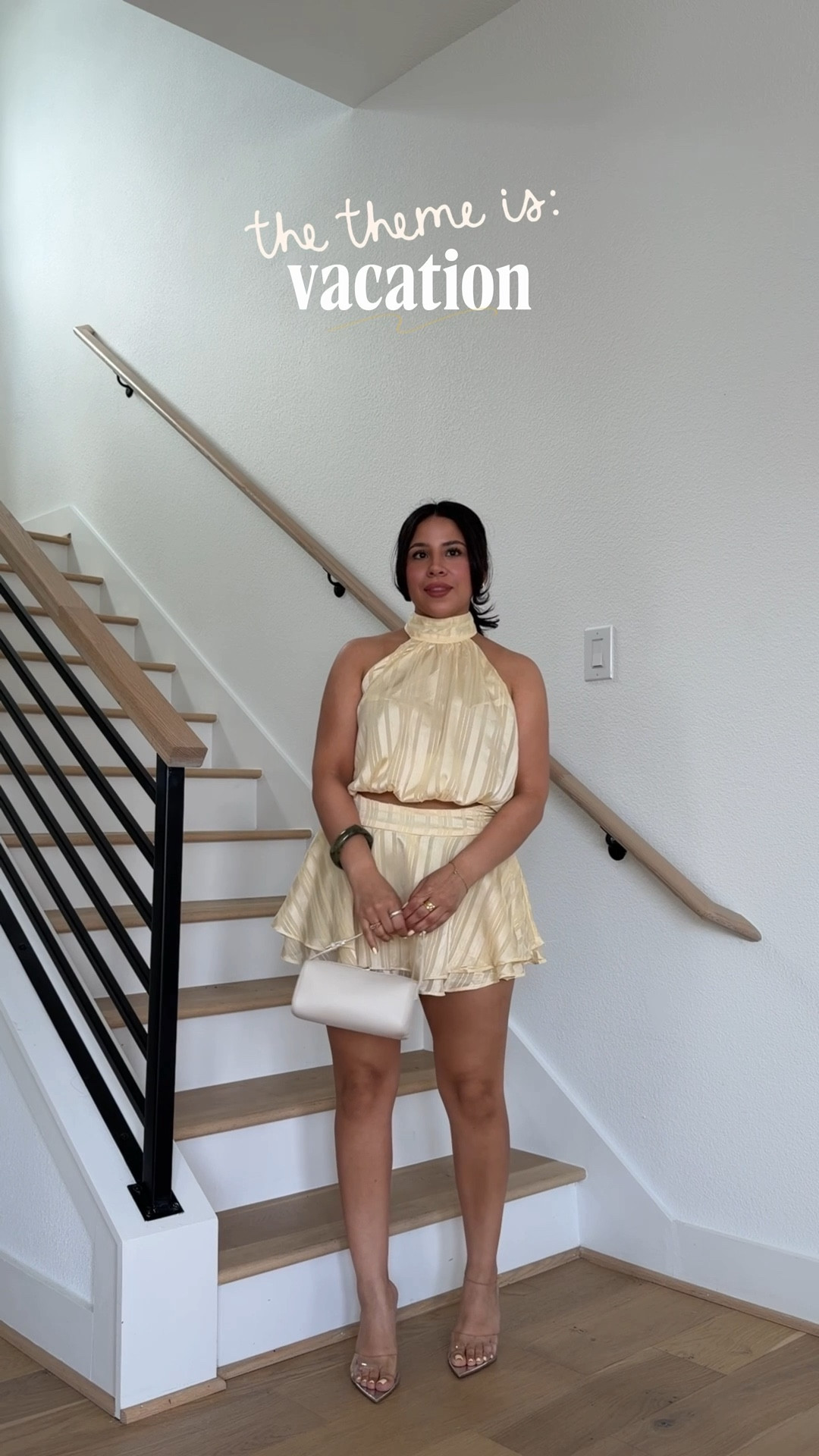 Vacation outfits 
Yellow halter: 4
Yellow skirt: 6 
Taupe tank: small
Gold skirt: small
Linen pants: small
Linen off the shoulder top: xs 
Ivory ruffle dress: 6 
Embellished halter top: small
Ivory trousers: small
Clear heels: 7 
White mini bag 

#LTKSeasonal #LTKTravel #LTKootd