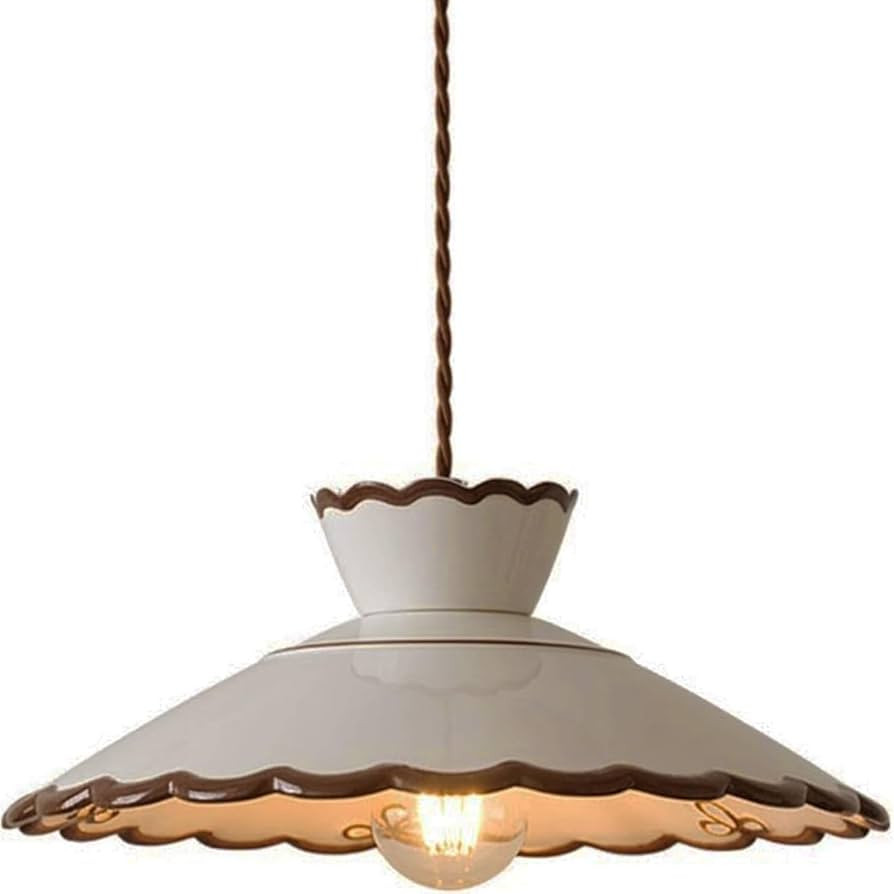 Vintage Scalloped Pendant Light, Cottagecore Farmhouse Style Hanging Lamp, Cream White Ceramic Sh... | Amazon (US)