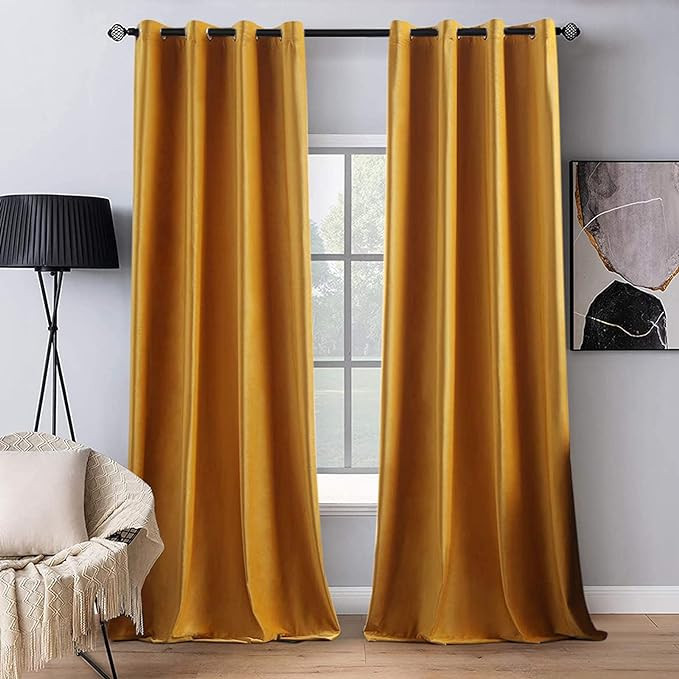 MIULEE 2 Panels Blackout Velvet Curtains Solid Soft Grommet Mustard Yellow Curtains Black Out The... | Amazon (US)