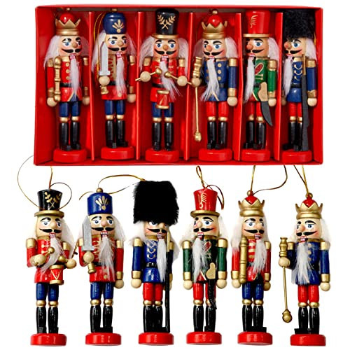 THE TWIDDLERS 6 PCS Mini Nutcracker Ornaments for Christmas Tree (Traditional) 5" Nut Crackers Christmas Decorations, Wooden Nutcracker Soldier, Cascanueces De Navidad, Xmas Tree Hanging Ornaments | Amazon (US)