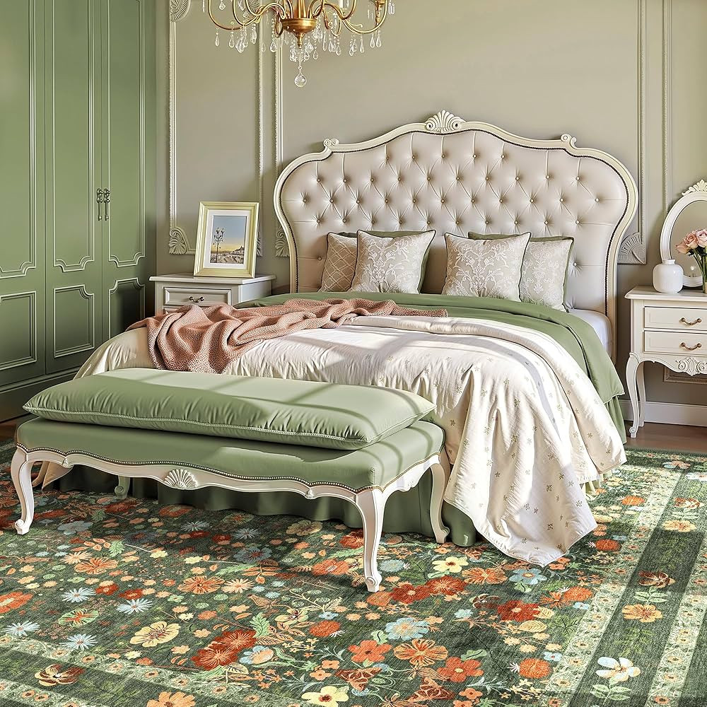 Deerly Green Washable Floral Rugs 8x10 Large Vintage Boho Non-Slip Living Room Carpet Soft Low Pi... | Amazon (US)