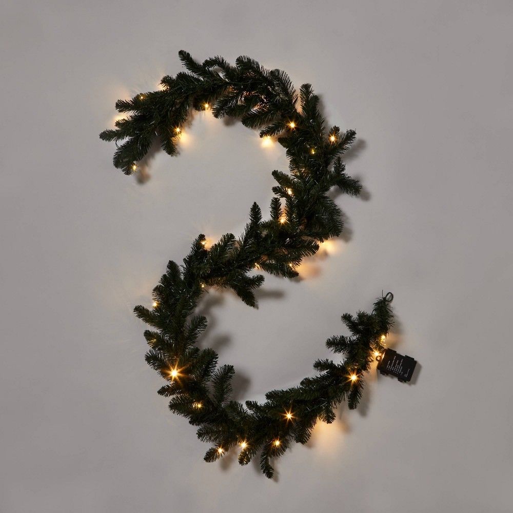 9' Battery Operated Pre-Lit Artificial Pine Christmas Garland Green with Dual Color LED Lights - Won | Target