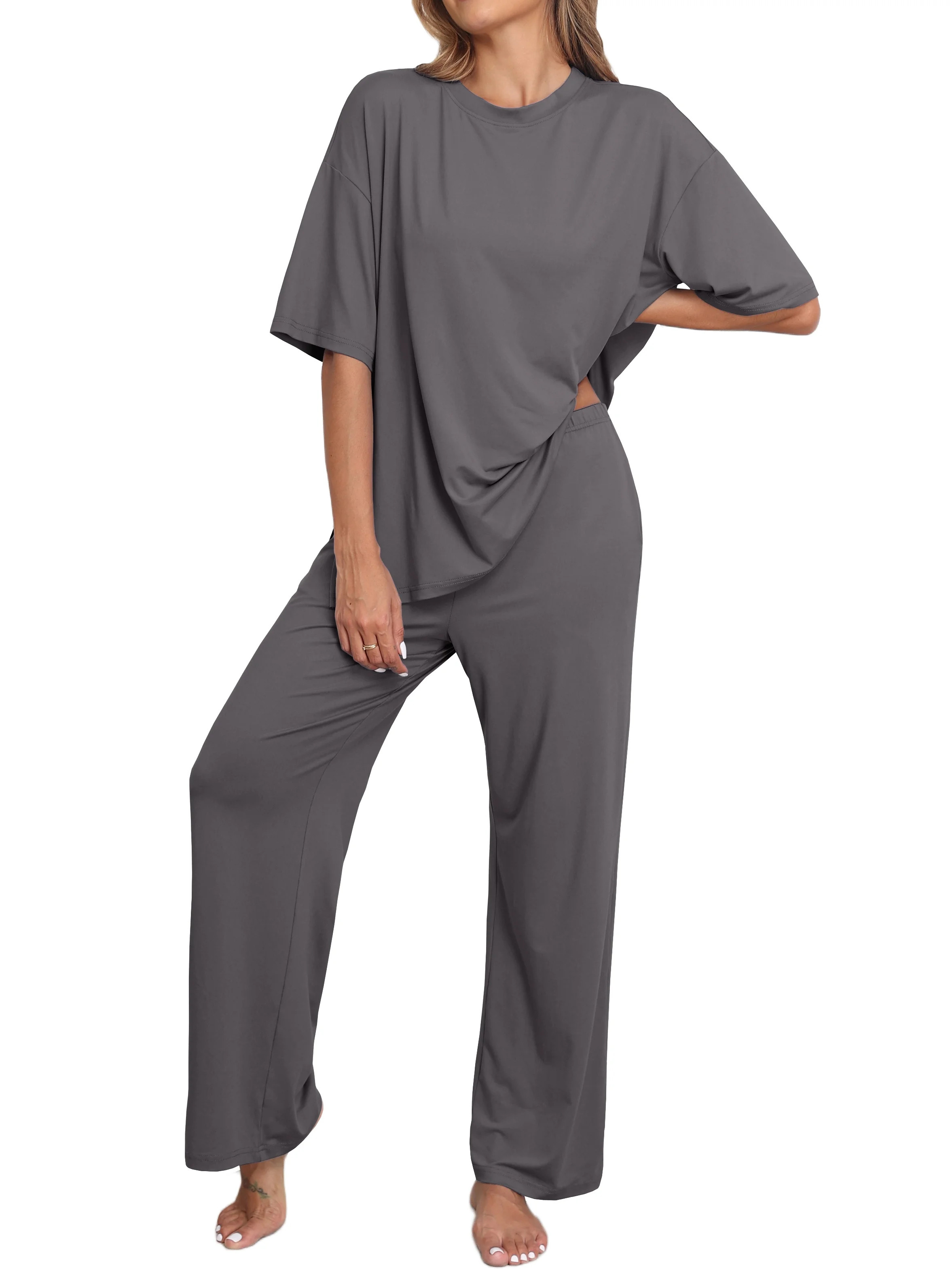 MINTREUS Lounge Sets for Women Knit Short Sleeve Tops and Long Pants Soft Comfy Pajamas Set Overs... | Walmart (US)